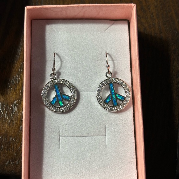 Jewelry - NEW Sterling Silver Opal lab diamonds peace sign earrings